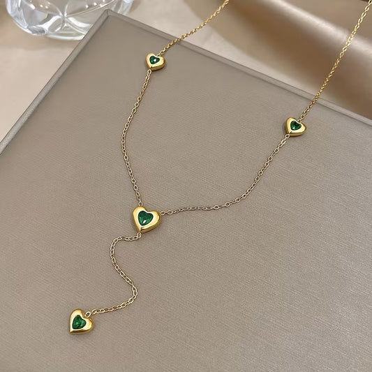 Green Stone Heart Dangling Charms Necklace