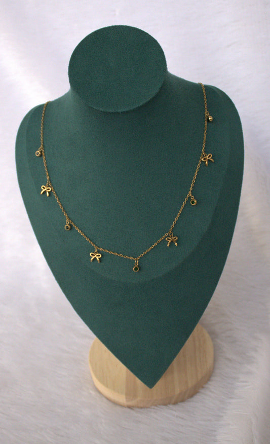 Bow and Green Stone Charms Necklace