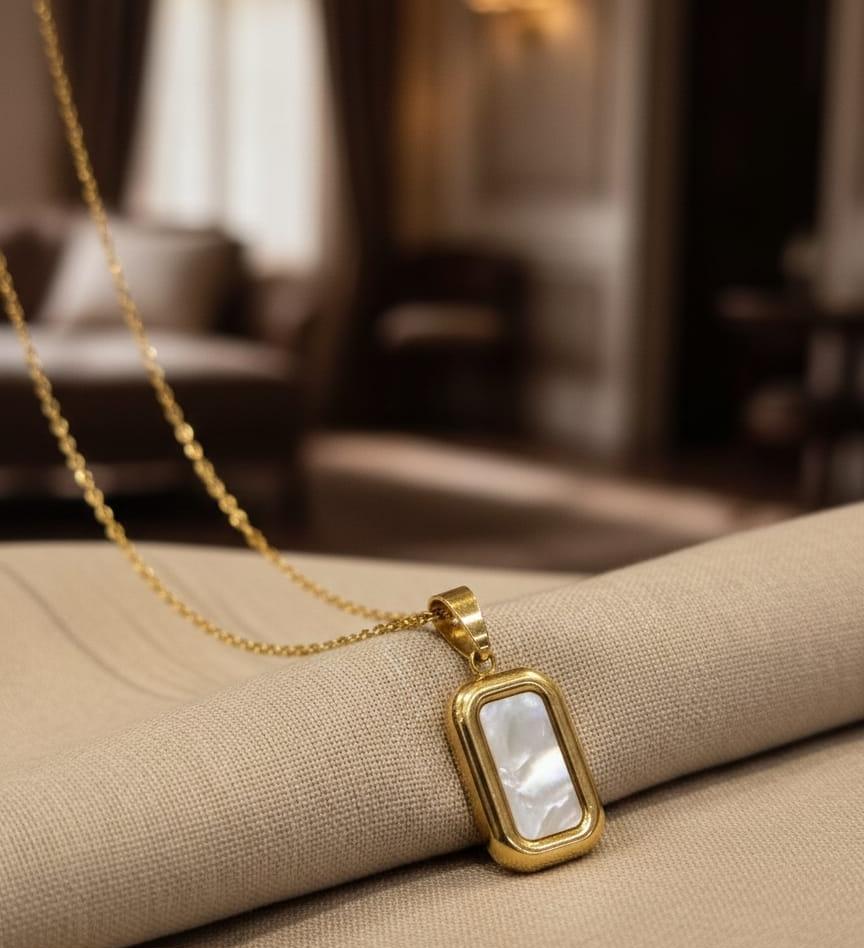 White mother of pearl stone rectangle dainty pendant necklace