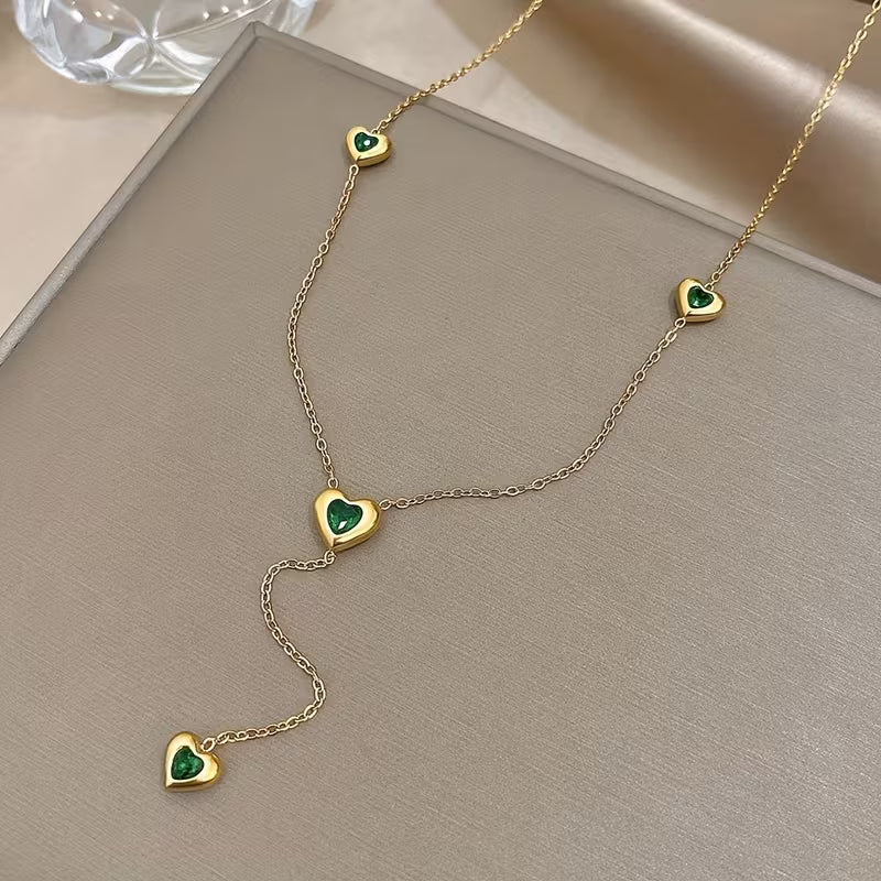 Green Stone Heart Dangling Charms Necklace