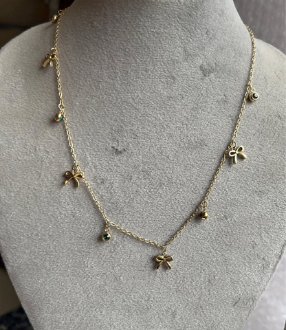 Bow and Green Stone Charms Necklace