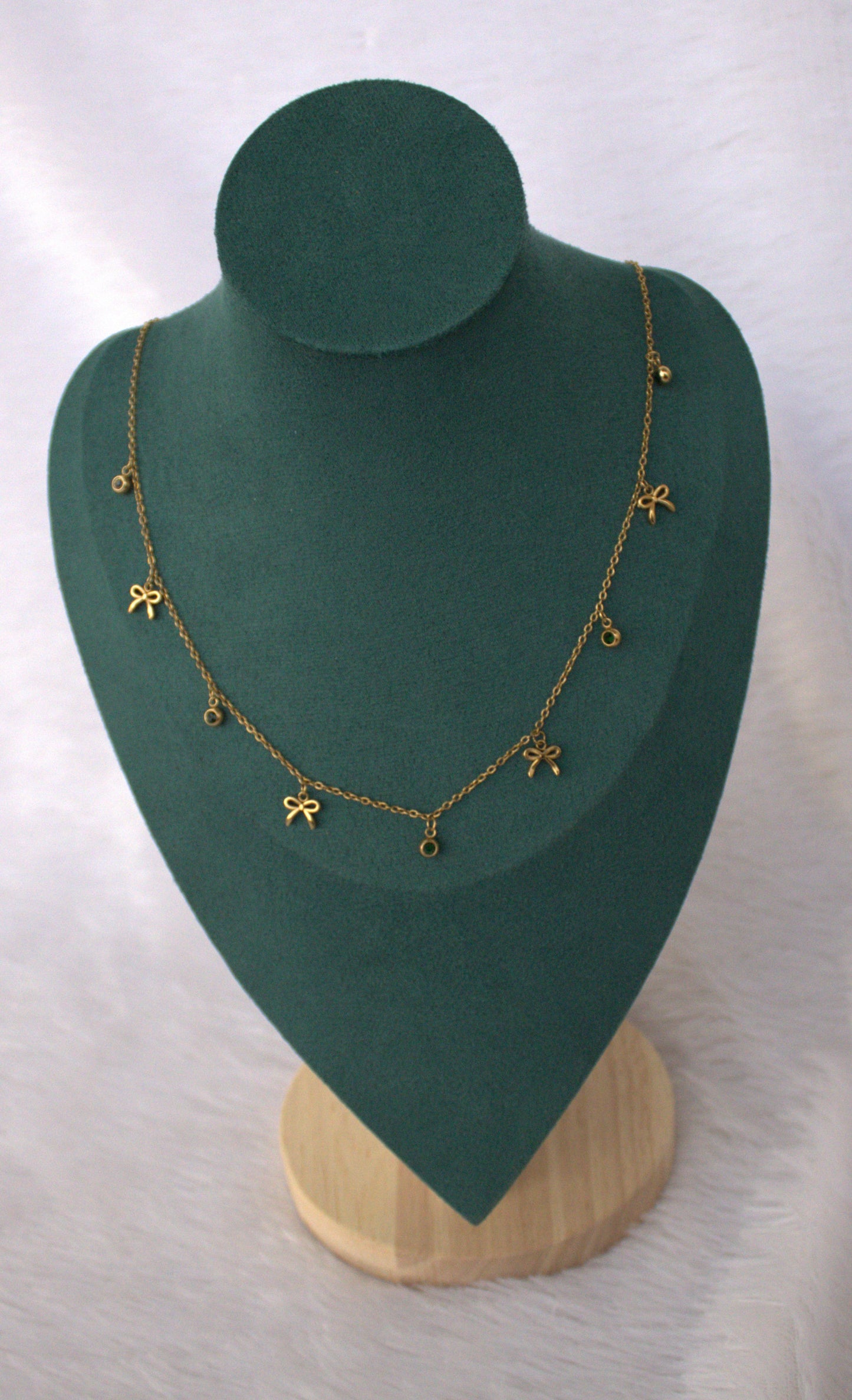 Bow and Green Stone Charms Necklace