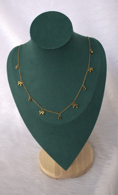Bow and Green Stone Charms Necklace