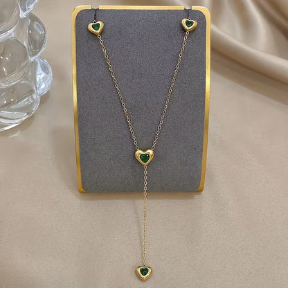 Green Stone Heart Dangling Charms Necklace