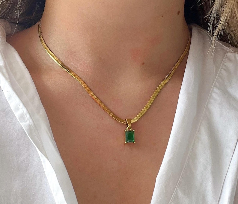 Green Emarald  Necklace Stainless Steel Anti Tarnish