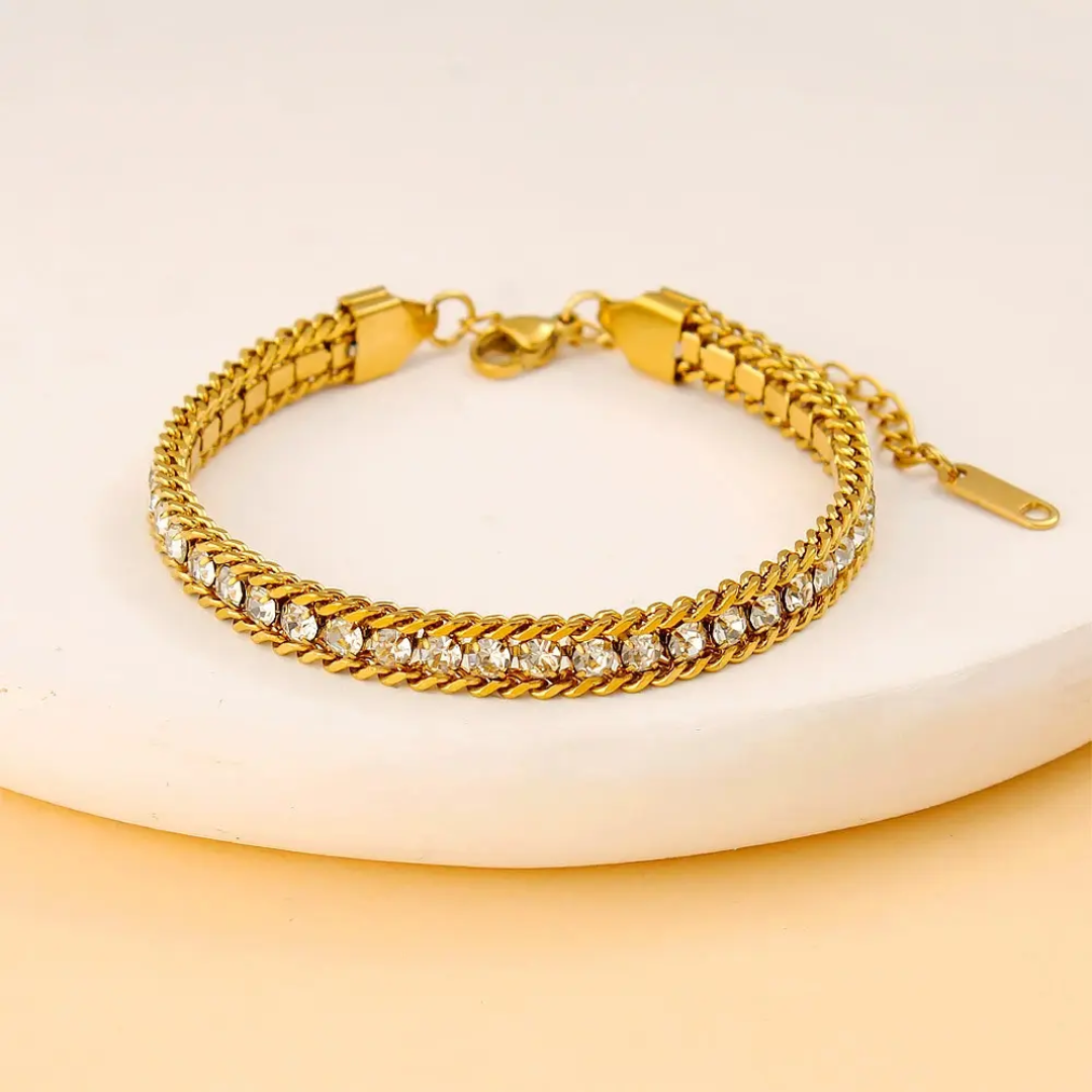 Three Layer Woven Twisted Chain With White Stones Bracelet.