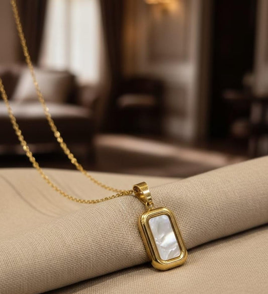 White mother of pearl stone rectangle dainty pendant necklace