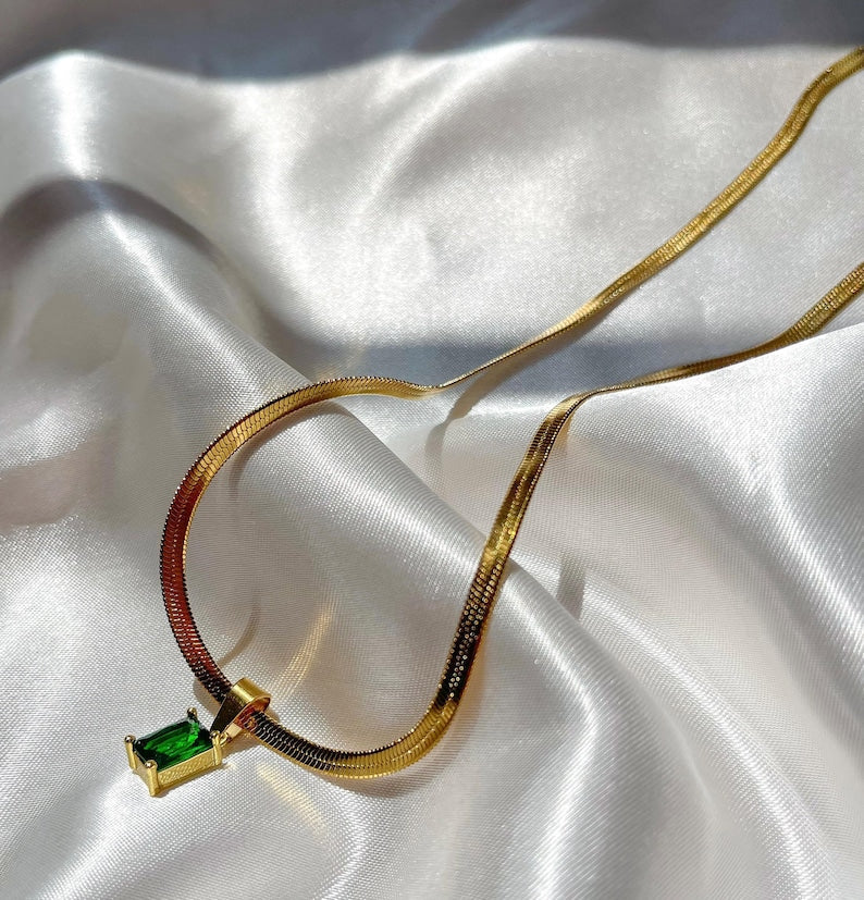Green Emarald  Necklace Stainless Steel Anti Tarnish