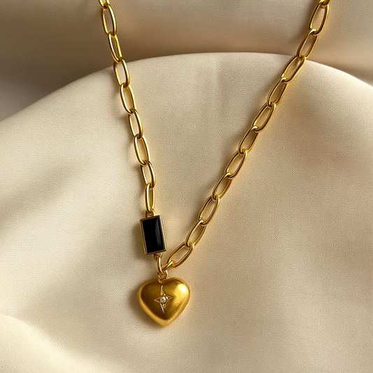 Golden Heart with Black Stone Necklace