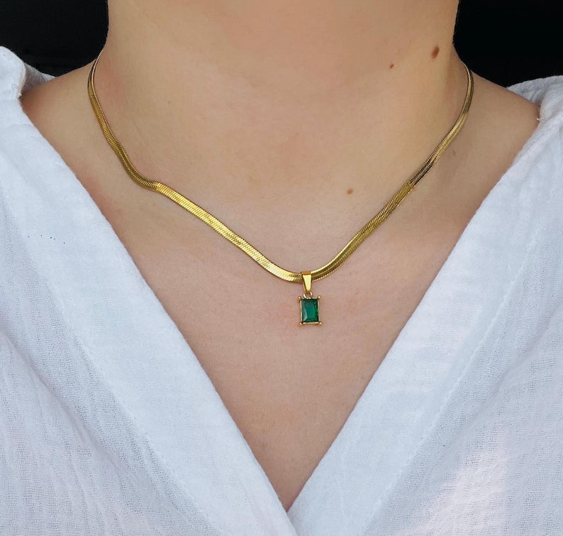 Green Emarald  Necklace Stainless Steel Anti Tarnish